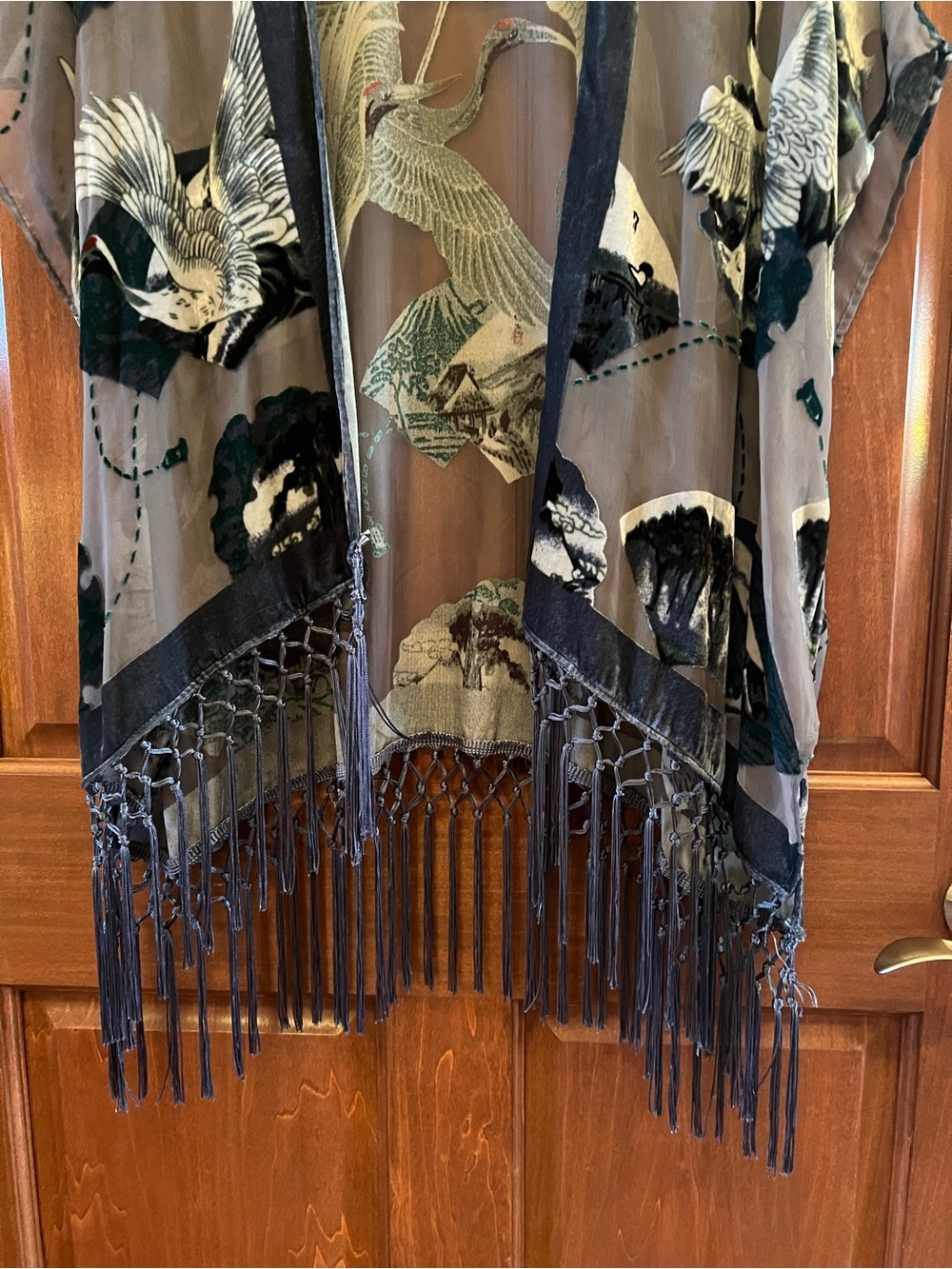 Chico's Kimono Burnout Velvet Open Front with Fringe Green Grey Size S/M - Picture 7 of 17